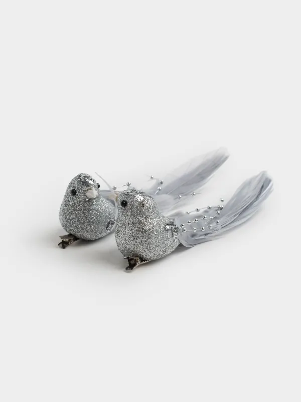 Украшение декоративное, 15 см, 2 шт, на клипсе, пенопласт/перо, серебристое, Птица, Birds NY, image-0