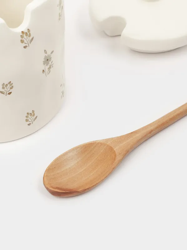 Сахарница, 12 см, 370 мл, с ложкой, керамика/дерево, молочная, Винтажные цветы, La flore, image-4