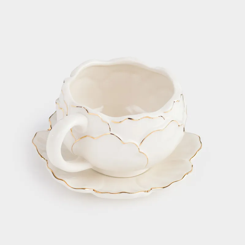 Пара чайная для завтрака, 1 перс, 2 пр, 400 мл, фарфор P, молочно-золотистая, Пион, Bloome, image-1