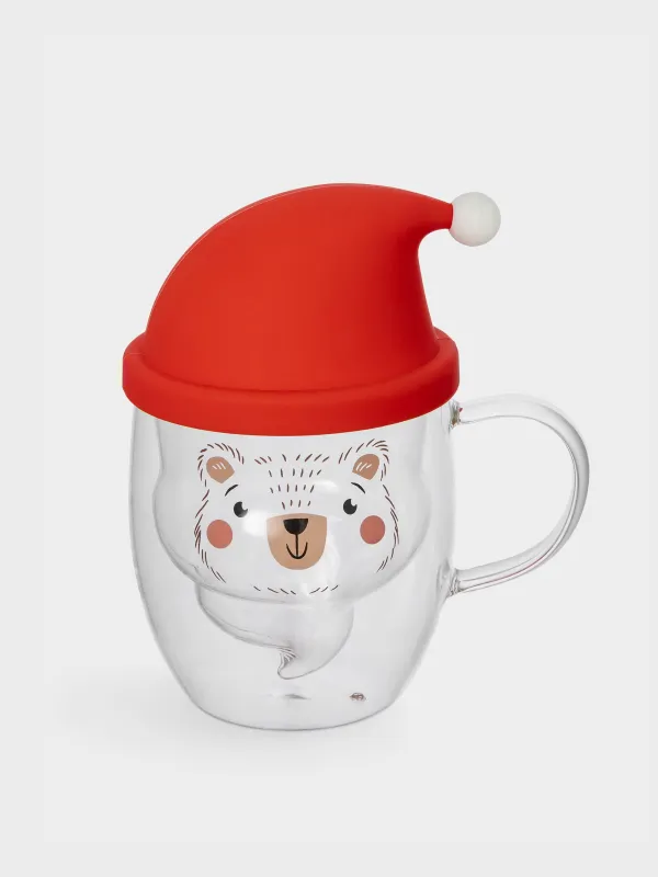 Кружка, 300 мл, с крышкой, стекло Б/силикон, Медведь, Air shape, image-0