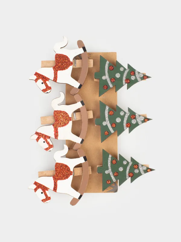 Клипса декоративная, 5 см, 6 шт, дерево, с блестками, белая/зеленая, Лошадь/Елка, Figure wood, image-3