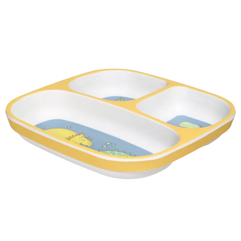 Тарелка обеденная, детская, 18 см, 3 отд, бамбук, квадратная, желто-голубая, Динозавр, Dino, image-1