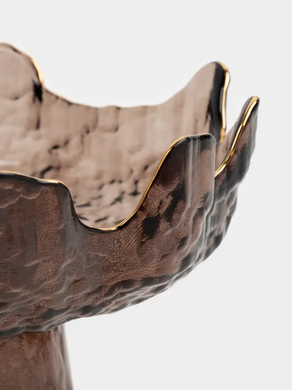 Блюдо на ножке, 20х10 см, стекло, коричневое, с золотистым кантом, Nautilus color, image-2