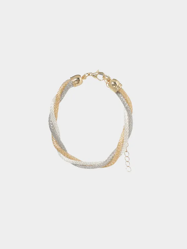 Браслет, 24 см, тройной, металл, золотисто-серебристый, Жгут, Flagel, image-0