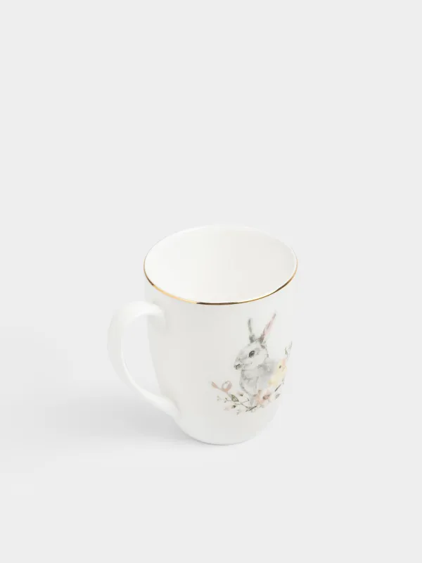 Кружка, 410 мл, фарфор F, белая, с золотистым кантом, Кролик с цыпленком, Easter, image-2